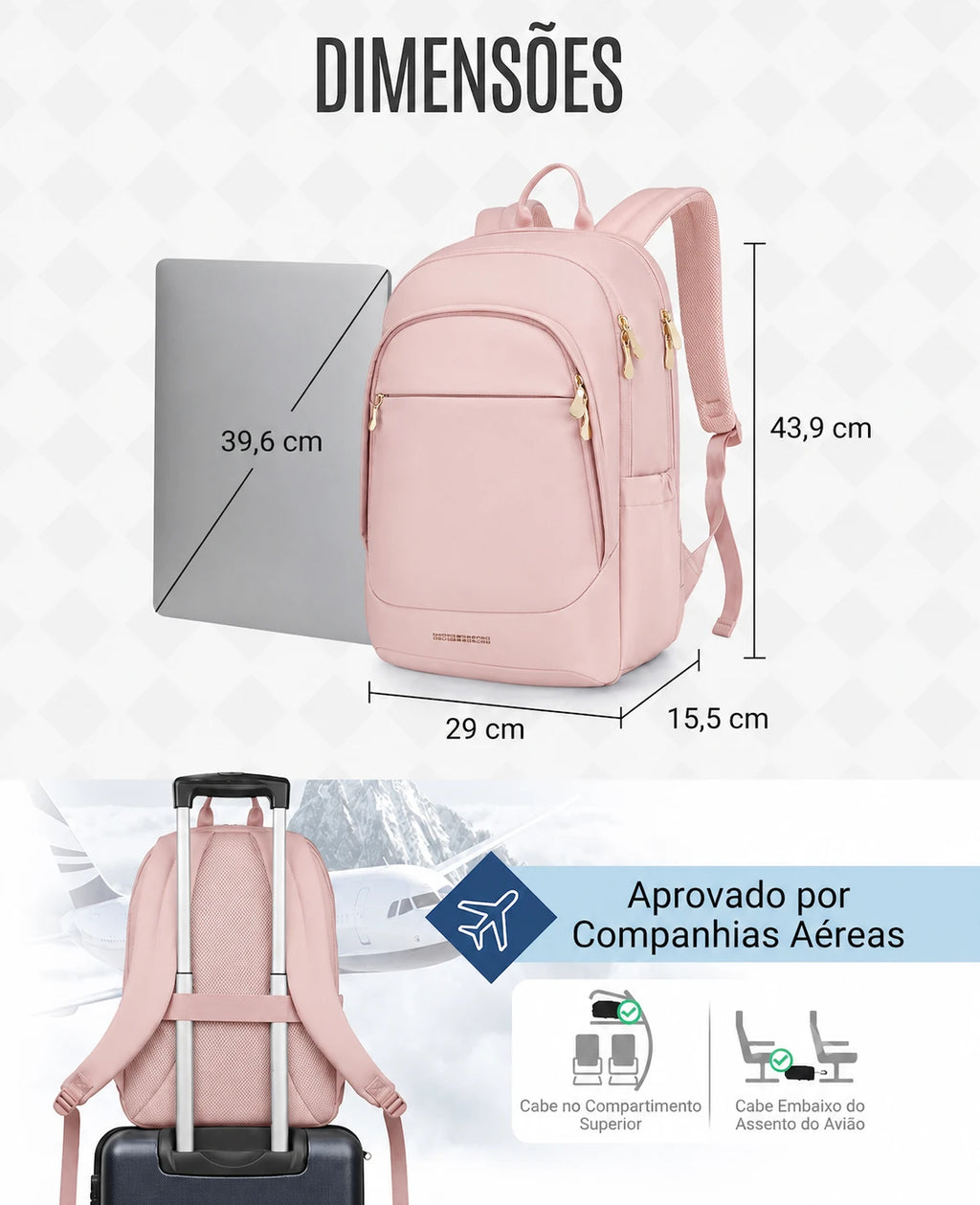 Mochila de Viagem Antifurto Bags Mart Rosa - Dimensoes (39,6 x 43,9 x 29 x 15,5 cm)