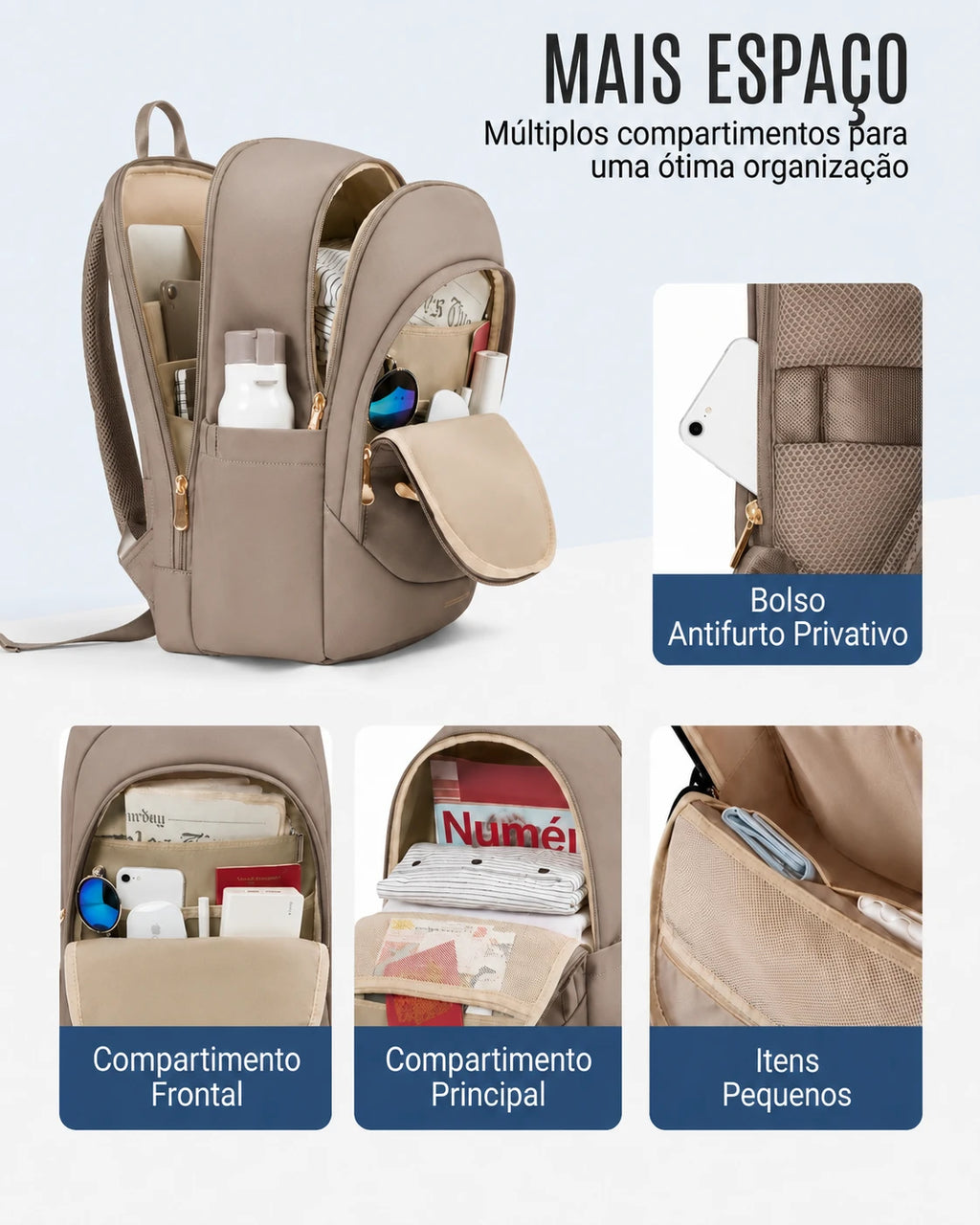 Mochila de Viagem Antifurto Bags Mart Marrom - Mais Espaco Multiplos Compartimentos