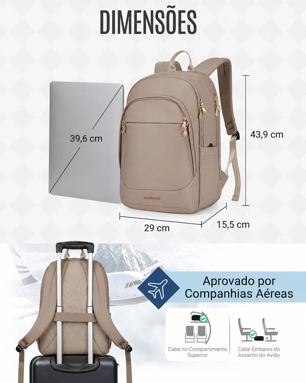 Mochila de Viagem Antifurto Bags Mart Marrom - Dimensões (39,6 x 43,9 x 29 x 15,5 cm)