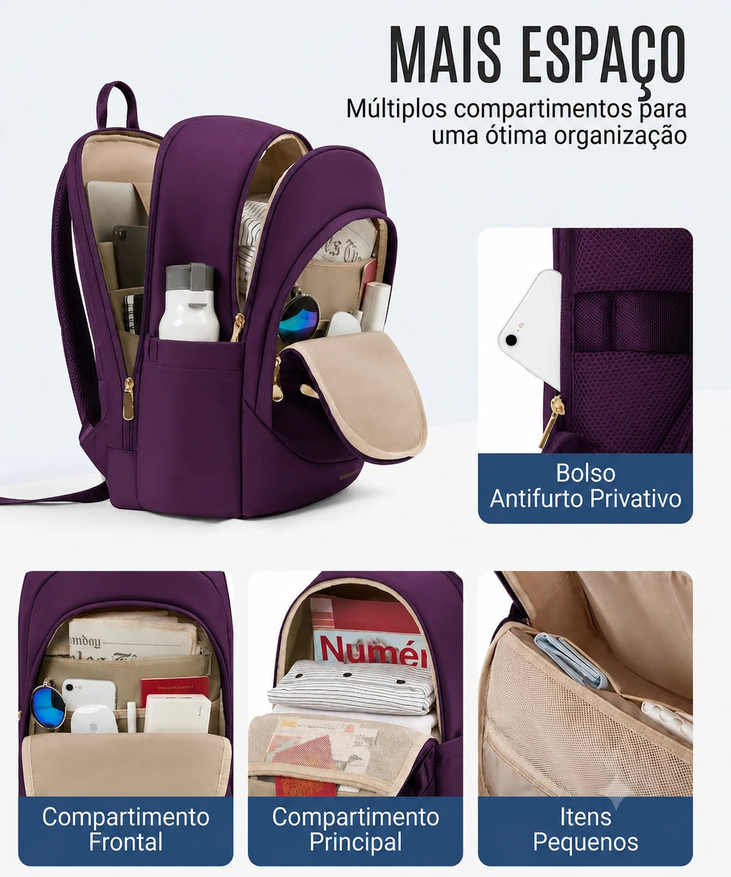 Mochila de Viagem Antifurto Bags Mart Roxo - Mais Espaco Multiplos Compartimentos