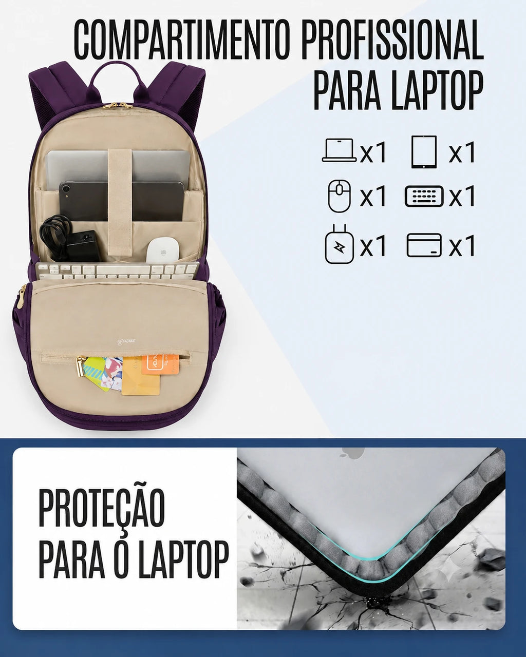Mochila de Viagem Antifurto Bags Mart Roxo - Compartimento Profissional para Laptop