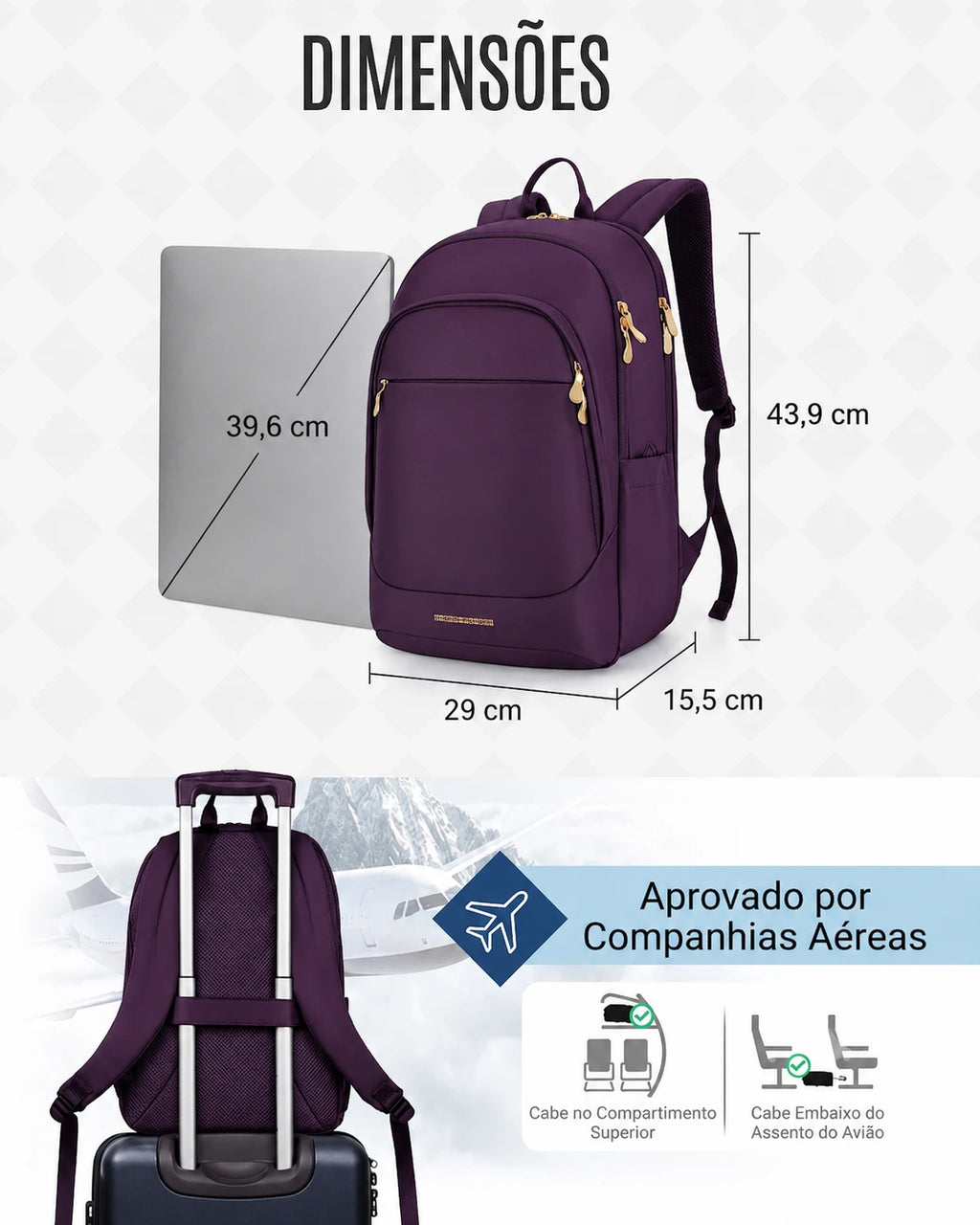 Mochila de Viagem Antifurto Bags Mart Roxo - Dimensões (39,6 x 43,9 x 29 x 15,5 cm)