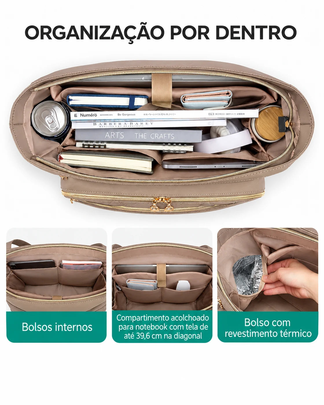 Bags Mart bolsa tote compartimentos cor Marrom — interior e organização
