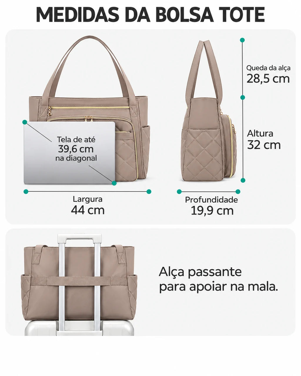 Bags Mart bolsa tote compartimentos cor Marrom — medidas em centímetros