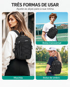 Três formas de uso da mini mochila esportiva Bags Mart cor Preto