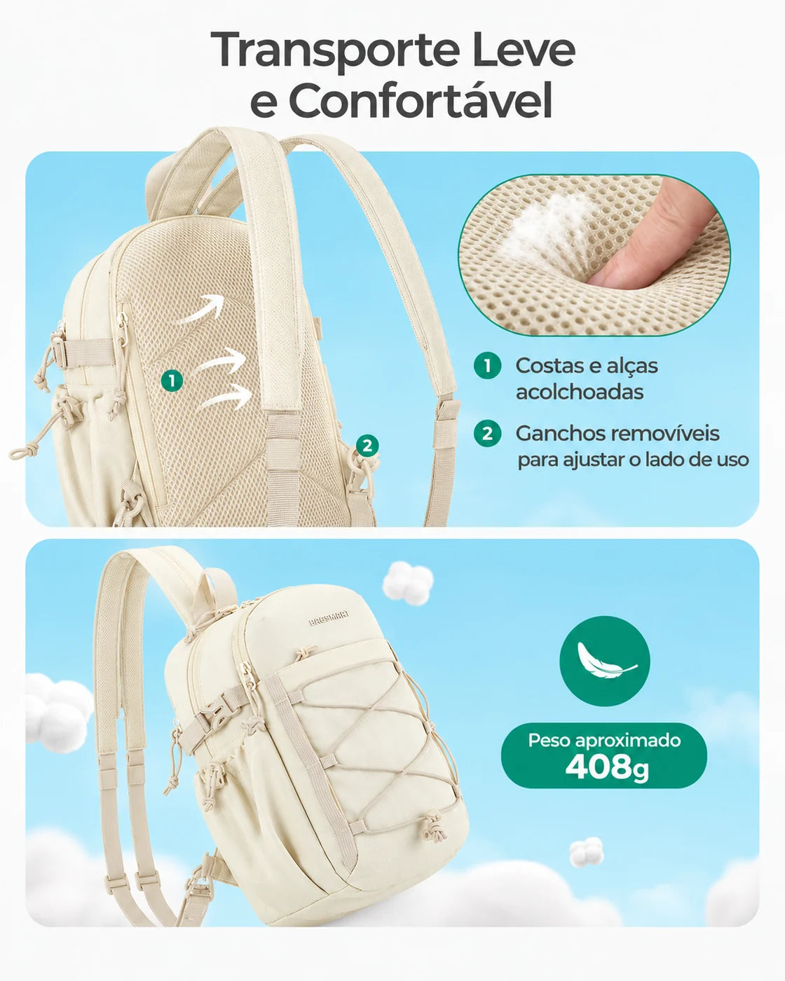 Painel traseiro e alças acolchoadas da mini mochila esportiva Bags Mart cor Bege