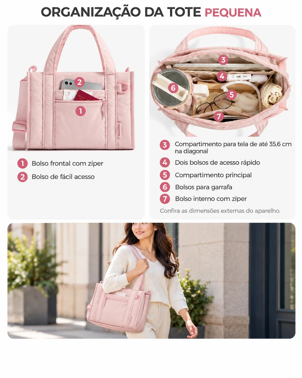 Bolsos e compartimentos da tote transversal Bags Mart cor Rosa
