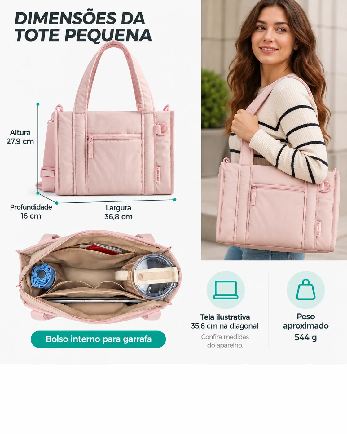 Dimensões em centímetros da tote transversal Bags Mart cor Rosa
