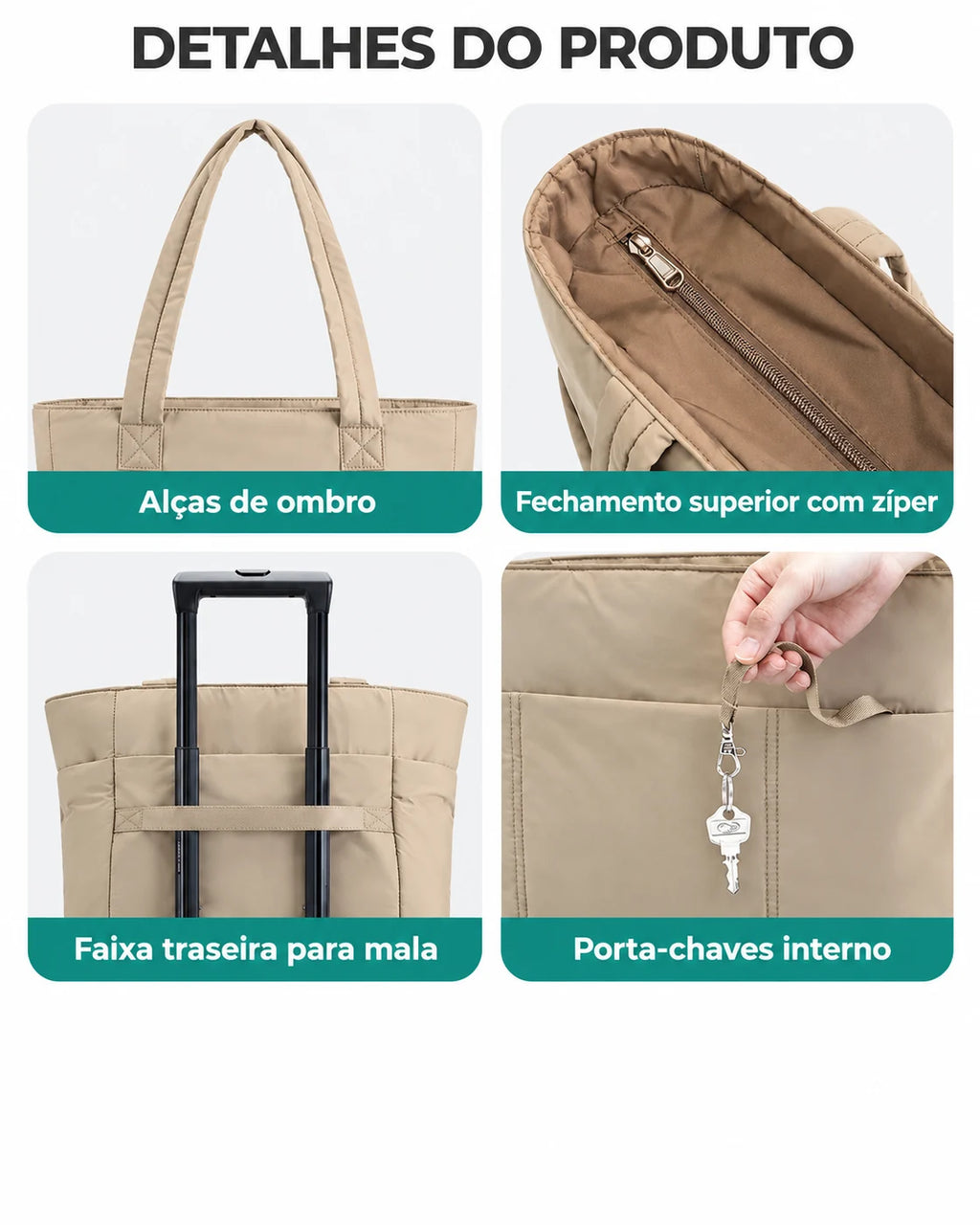 Acabamentos e alças da tote versatil Bags Mart cor Camel