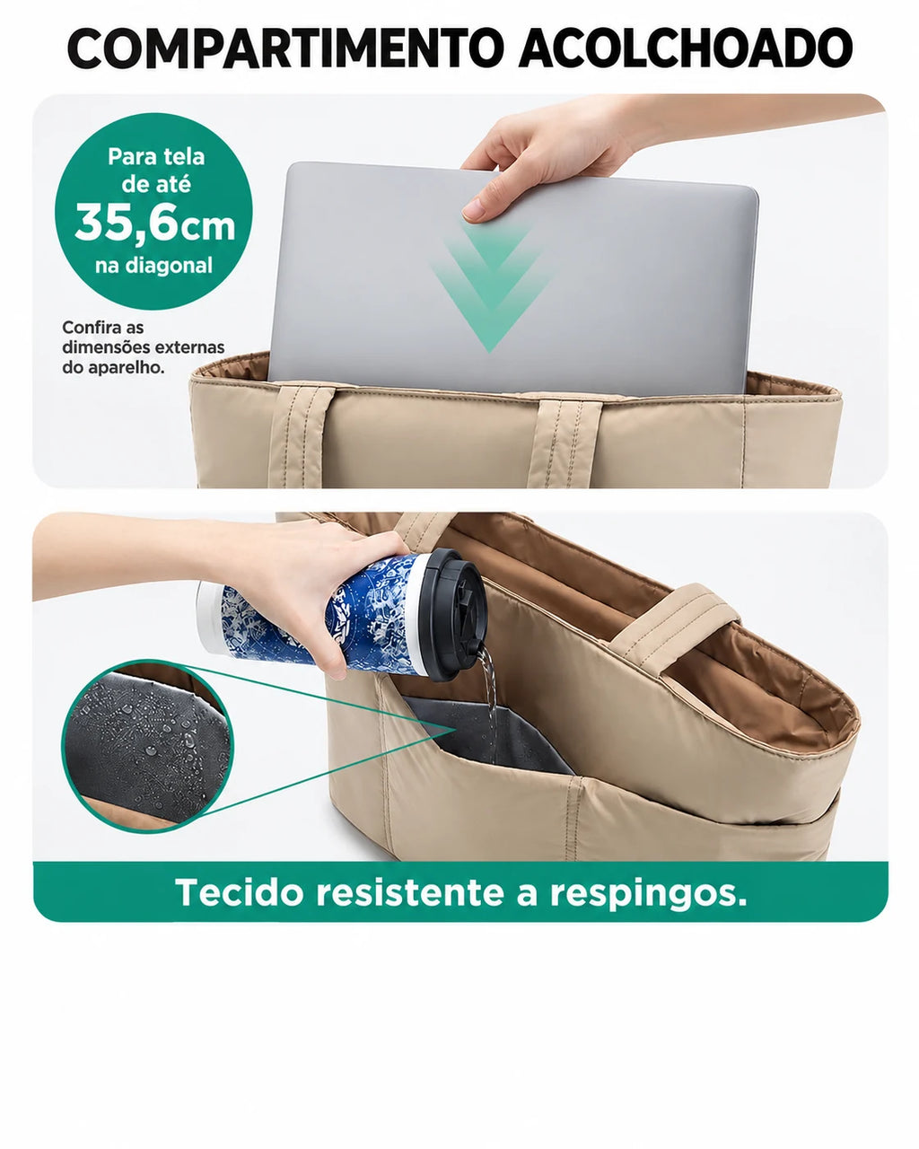 Compartimento para notebook da tote versatil Bags Mart cor Camel