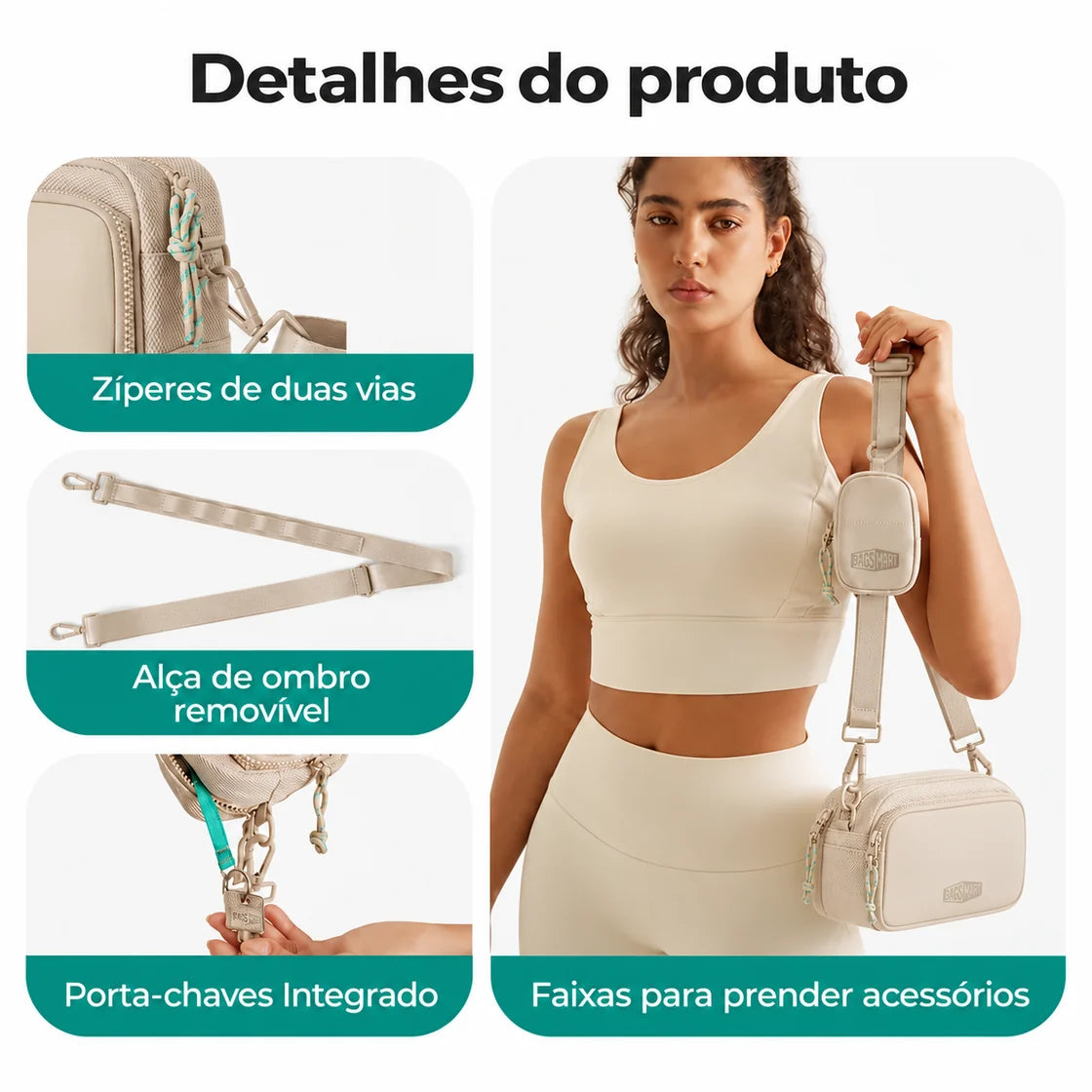 Pochete Transversal Esportiva com Bolsinha Bags Mart Cor Bege — alça, zíperes e acabamentos
