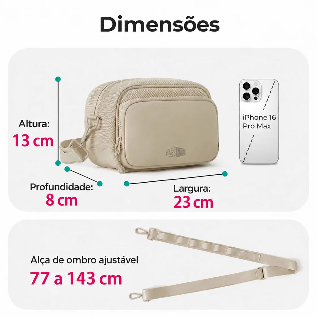 Pochete Transversal Esportiva com Bolsinha Bags Mart Cor Bege — dimensões em centímetros