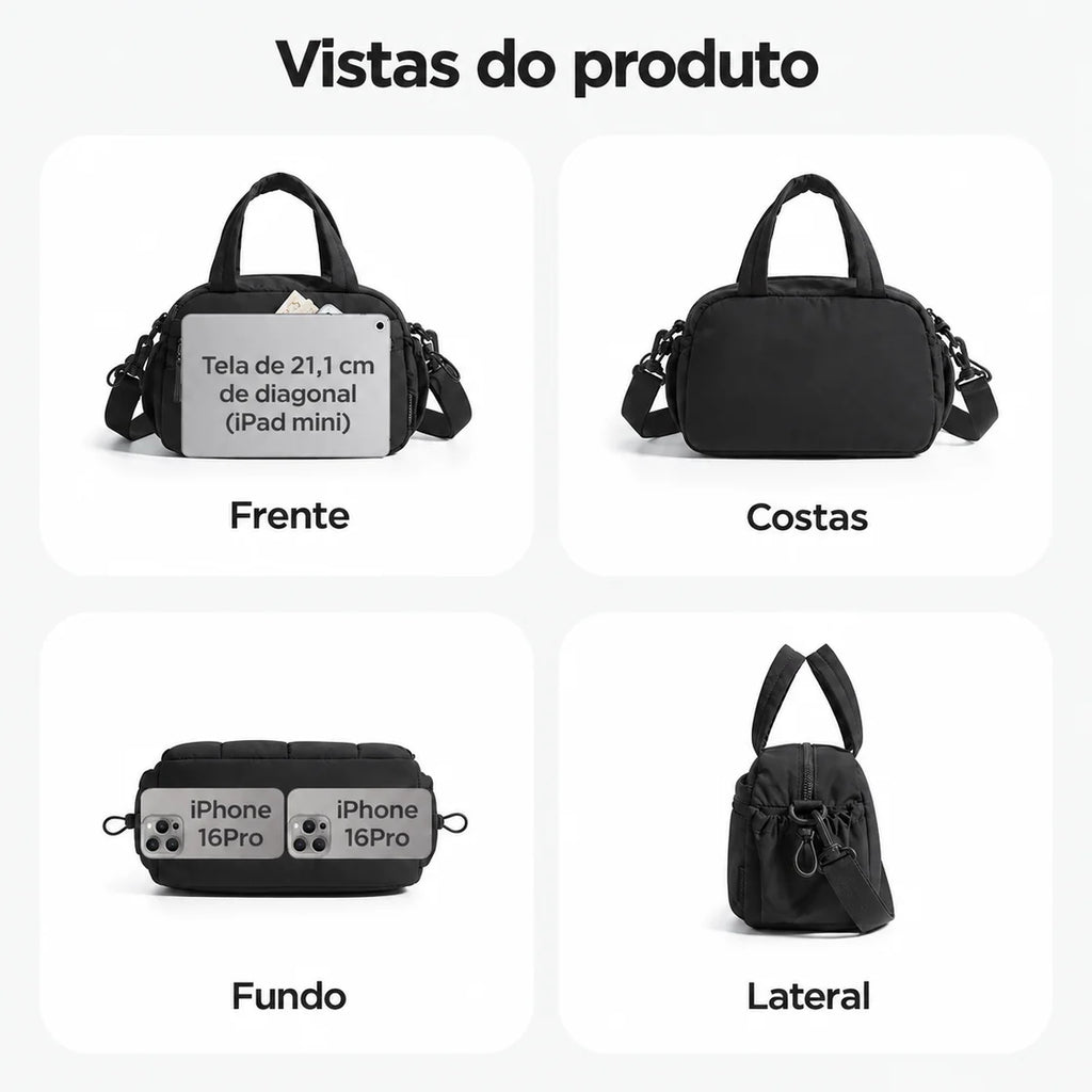 Bolsa de Ombro Feminina Casual Acolchoada Bags Mart Cor Preto — frente, costas, fundo e lateral