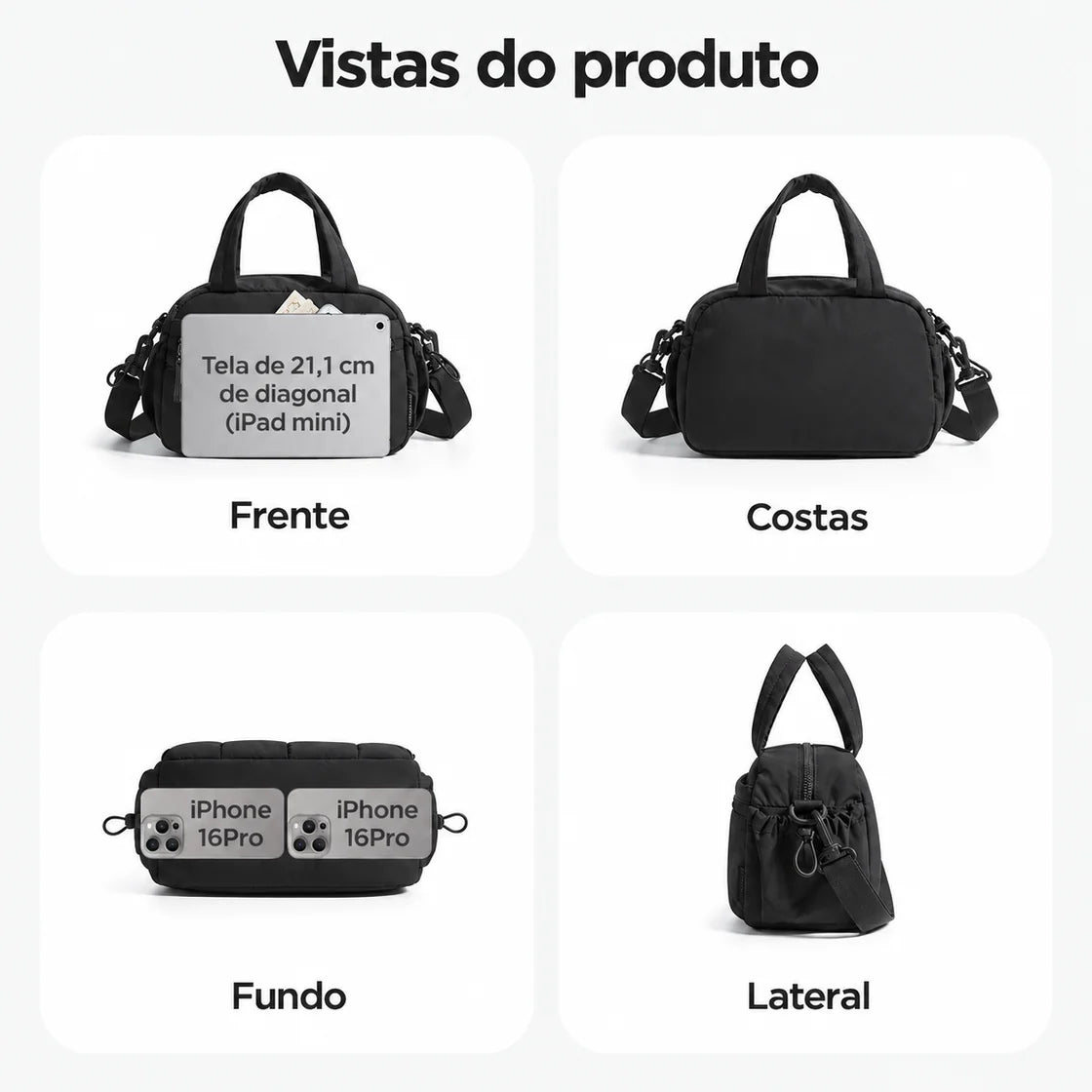 Bolsa de Ombro Feminina Casual Acolchoada Bags Mart Cor Preto — frente, costas, fundo e lateral