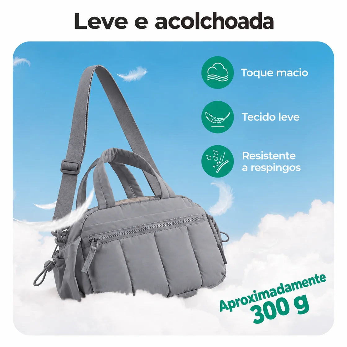 Bolsa de Ombro Feminina Casual Acolchoada Bags Mart Cor Cinza Escuro — alças, zíperes e acabamentos