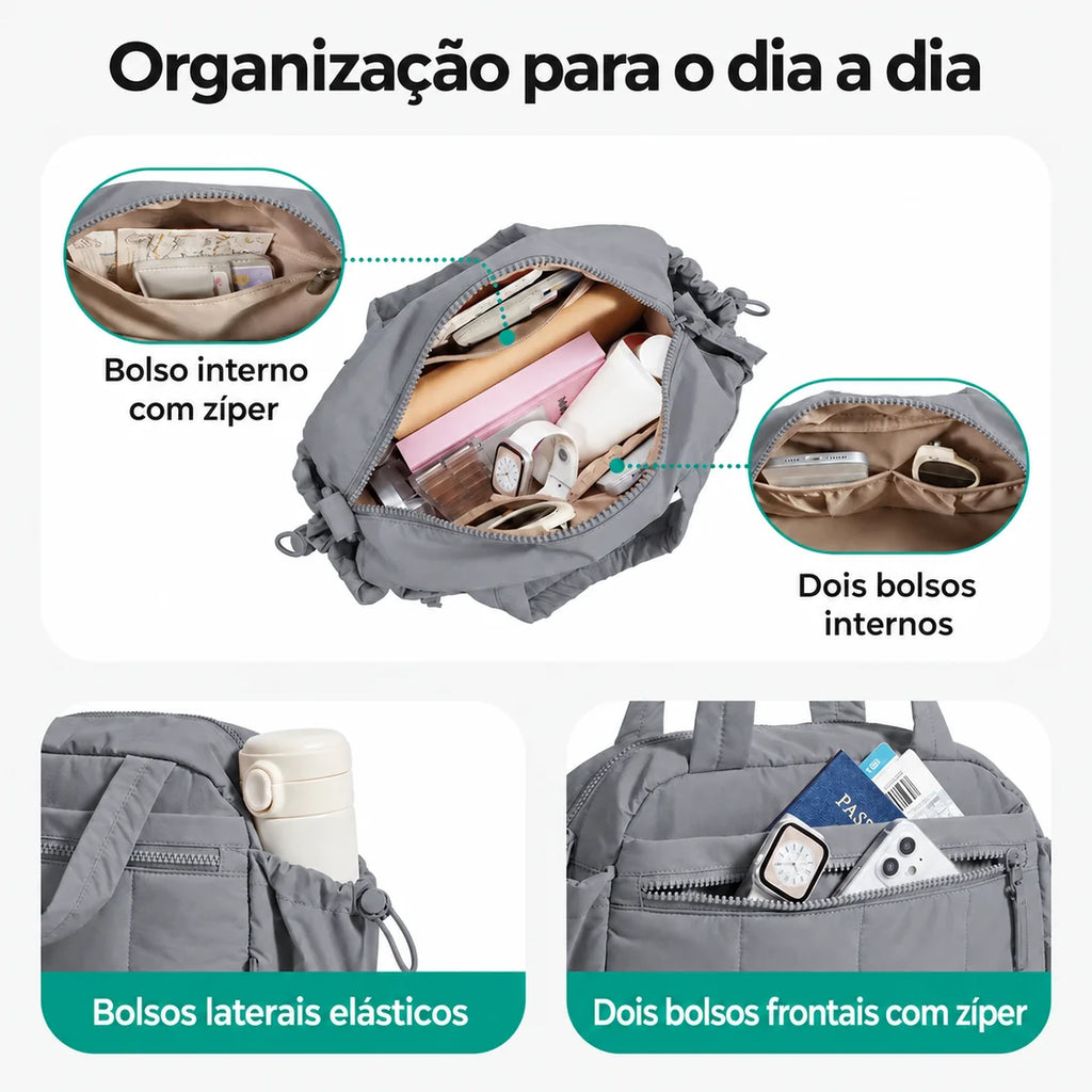 Bolsa de Ombro Feminina Casual Acolchoada Bags Mart Cor Cinza Escuro — interior e bolsos