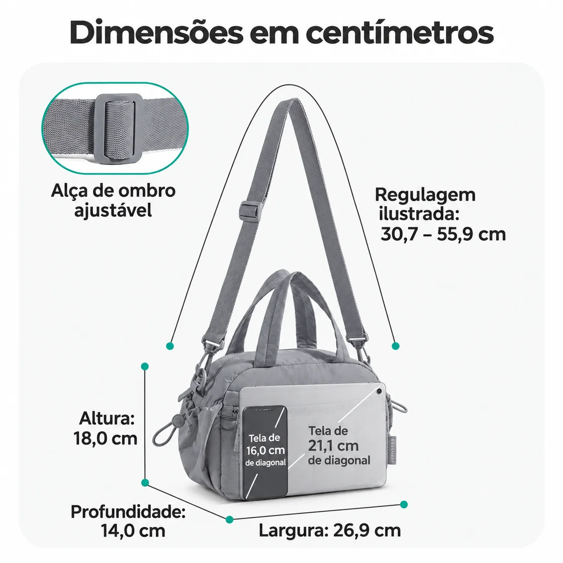 Bolsa de Ombro Feminina Casual Acolchoada Bags Mart Cor Cinza Escuro — dimensões em centímetros