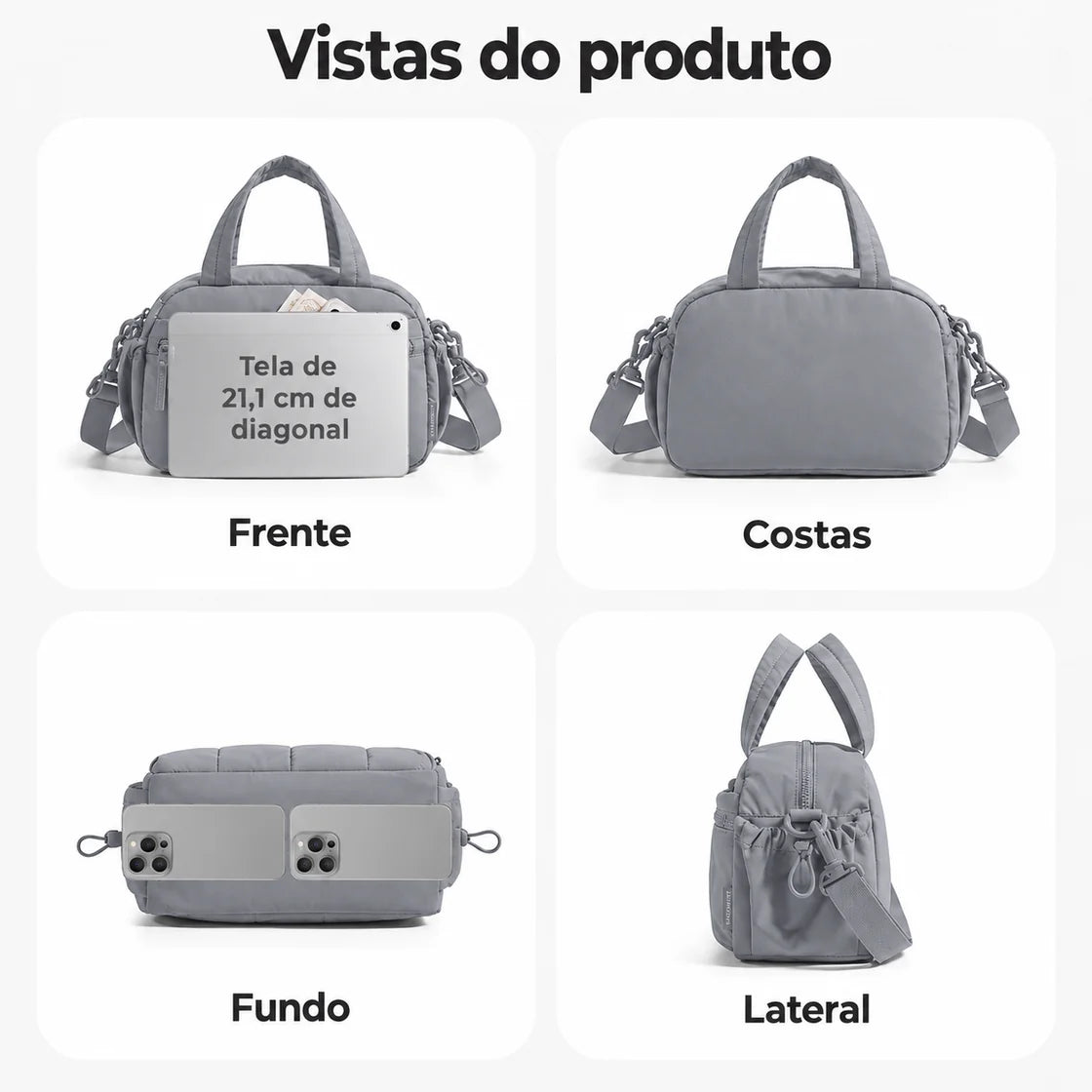 Bolsa de Ombro Feminina Casual Acolchoada Bags Mart Cor Cinza Escuro — frente, costas, fundo e lateral