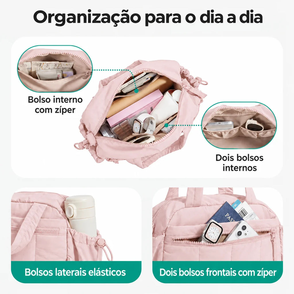 Bolsa de Ombro Feminina Casual Acolchoada Bags Mart Cor Rosa — interior e bolsos