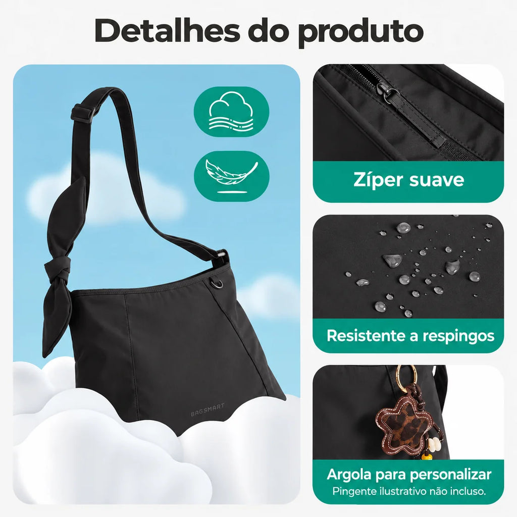 Bolsa de Ombro Feminina com Laço Bags Mart Cor Preto — alças, zíperes e acabamentos