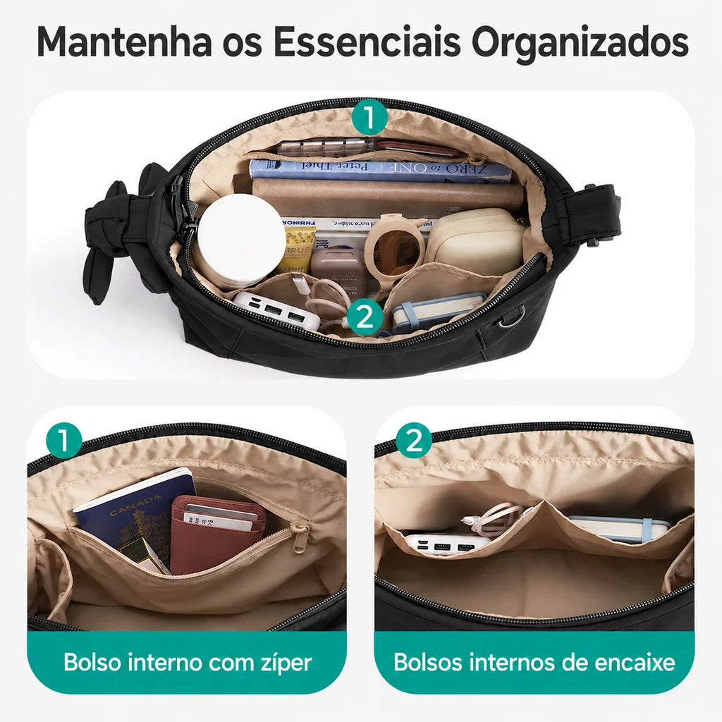 Bolsa de Ombro Feminina com Laço Bags Mart Cor Preto — interior e bolsos