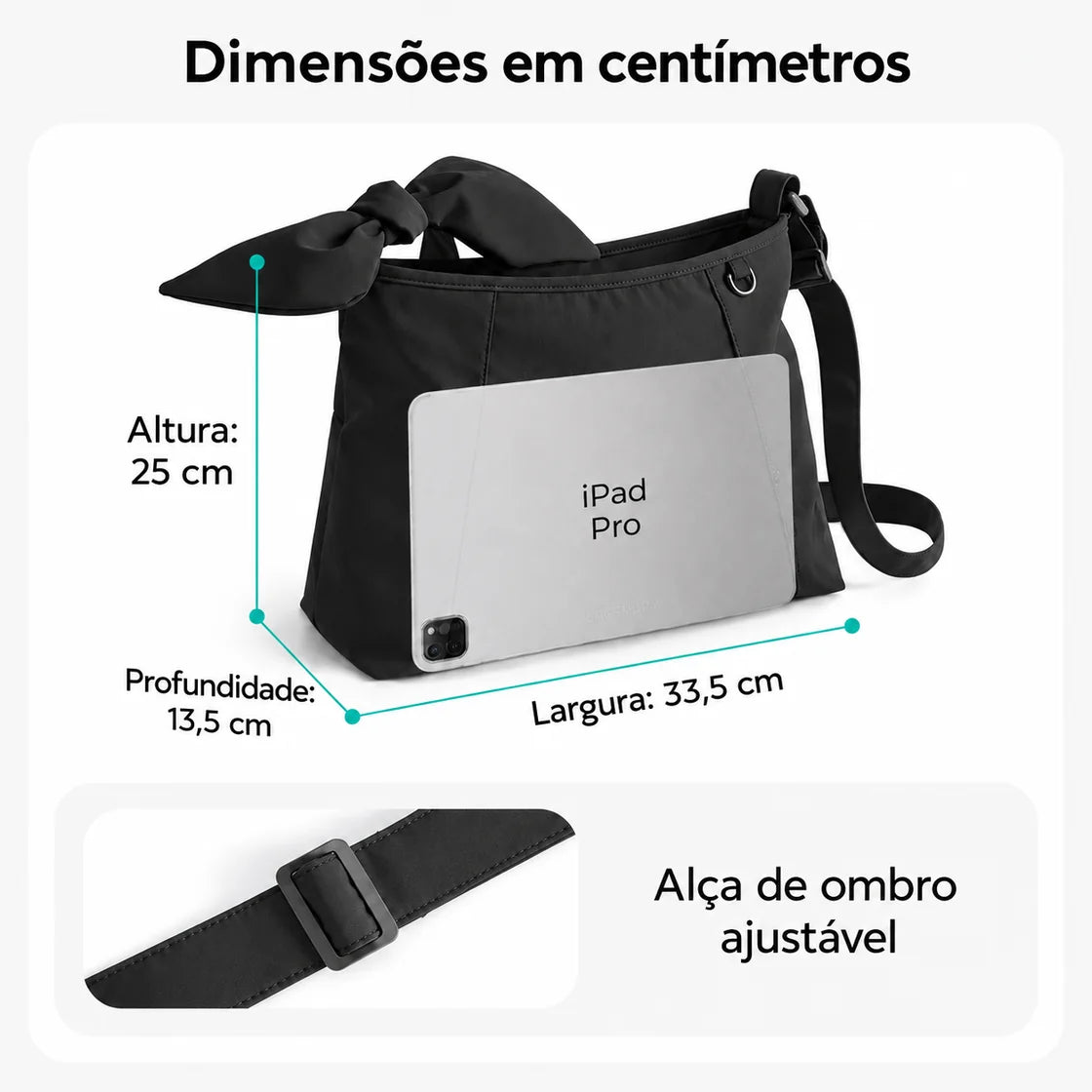 Bolsa de Ombro Feminina com Laço Bags Mart Cor Preto — dimensões em centímetros
