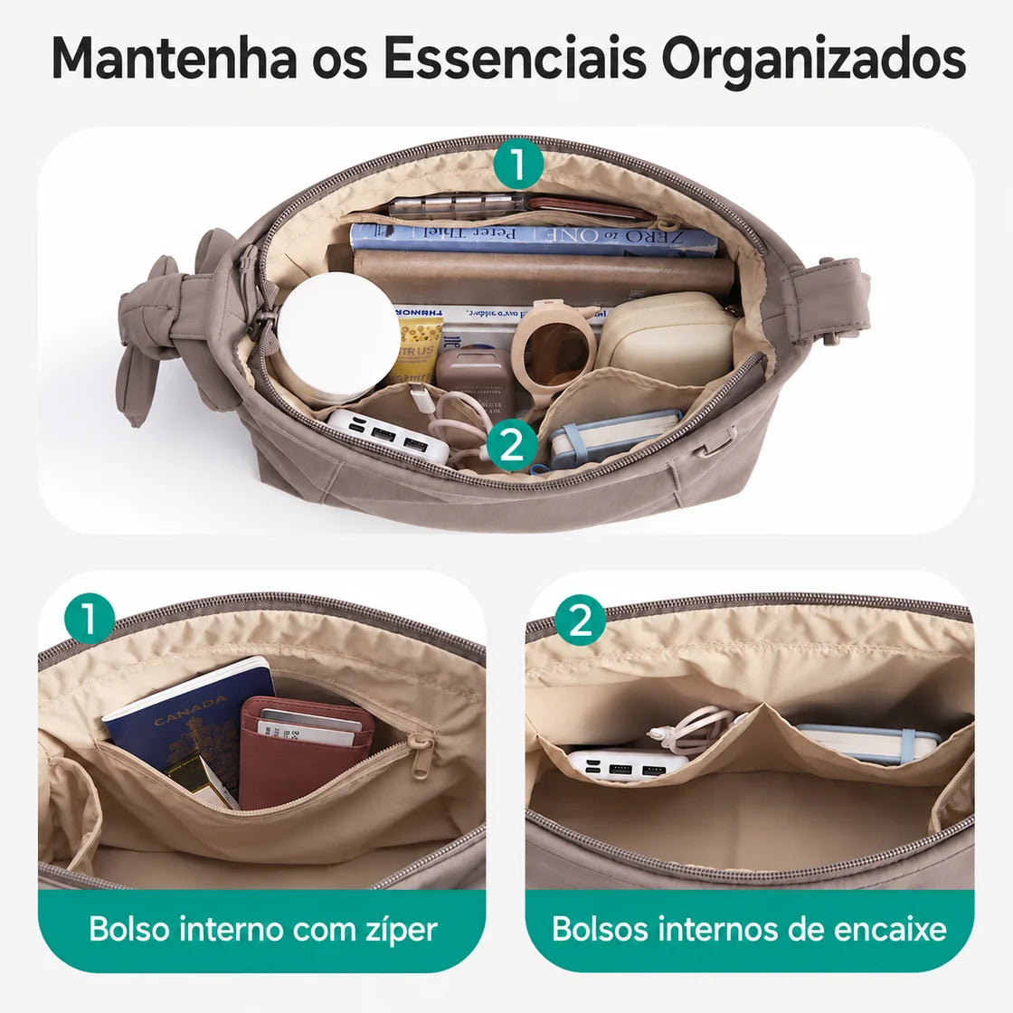 Bolsa de Ombro Feminina com Laço Bags Mart Cor Cáqui — interior e bolsos