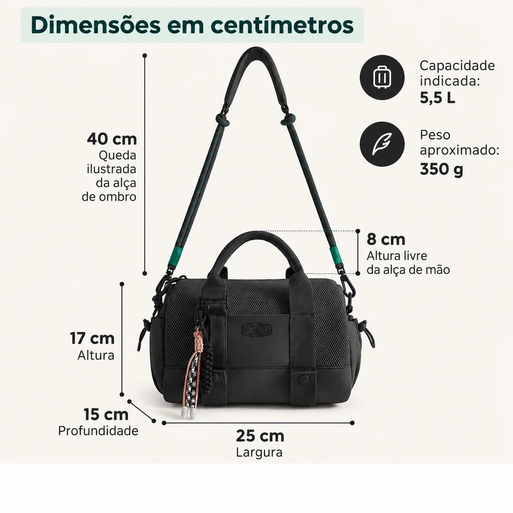 Bolsa Boston Mini 5,5 L Bags Mart Cor Preto — dimensões em centímetros