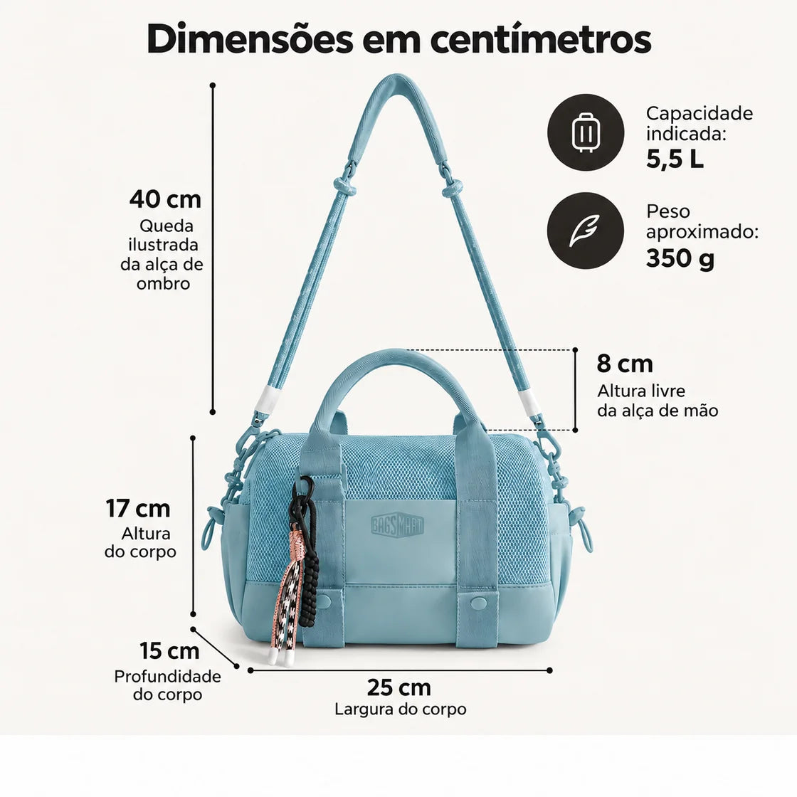 Bolsa Boston Mini 5,5 L Bags Mart Cor Azul — dimensões em centímetros