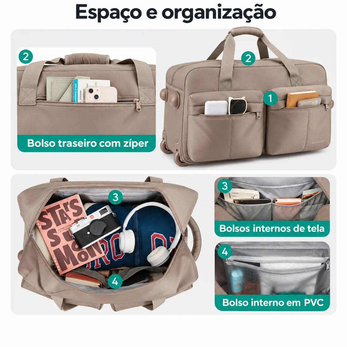 Bolsa Boston com Rodas Bags Mart Cor Cáqui — interior e compartimentos