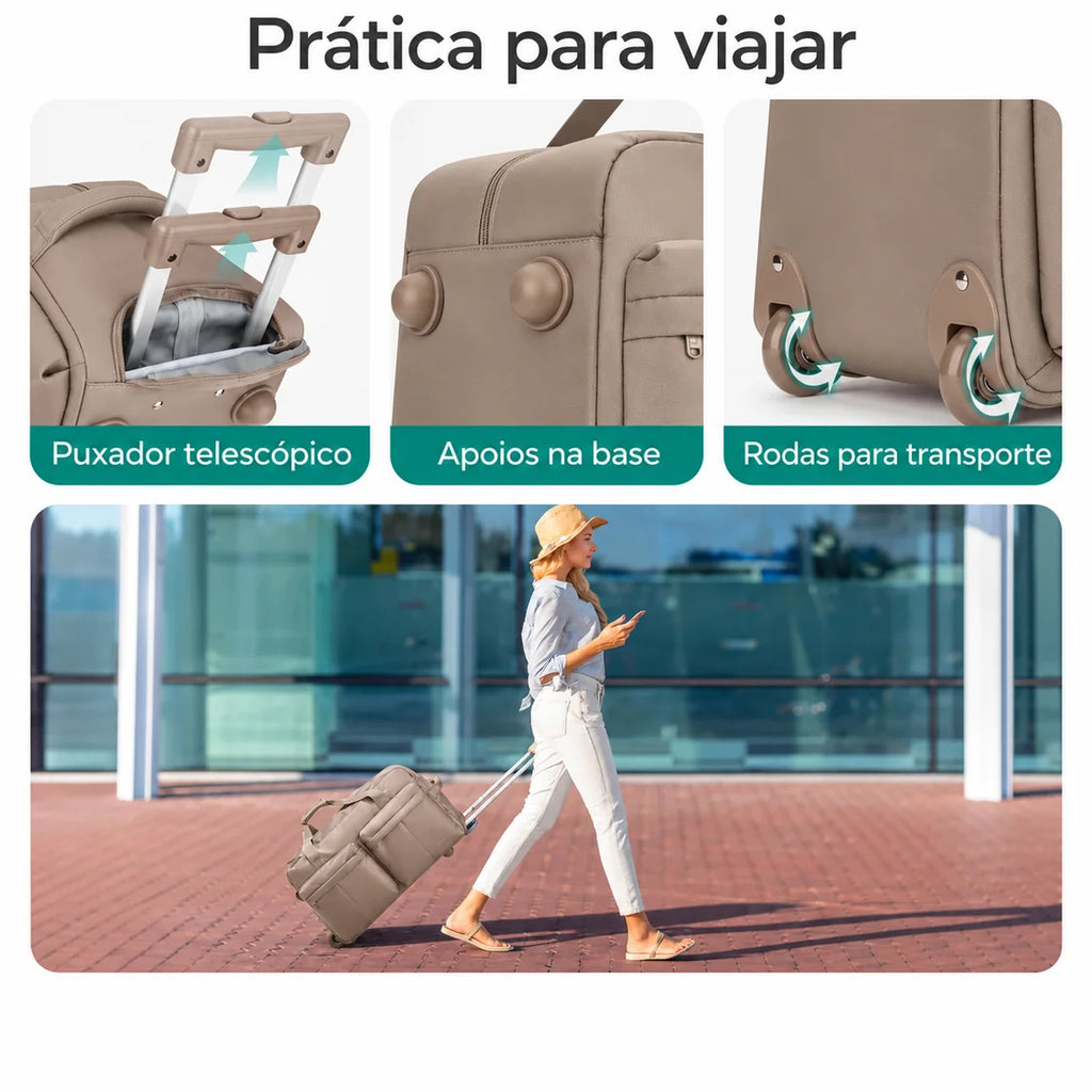 Bolsa Boston com Rodas Bags Mart Cor Cáqui — puxador, apoios e rodas