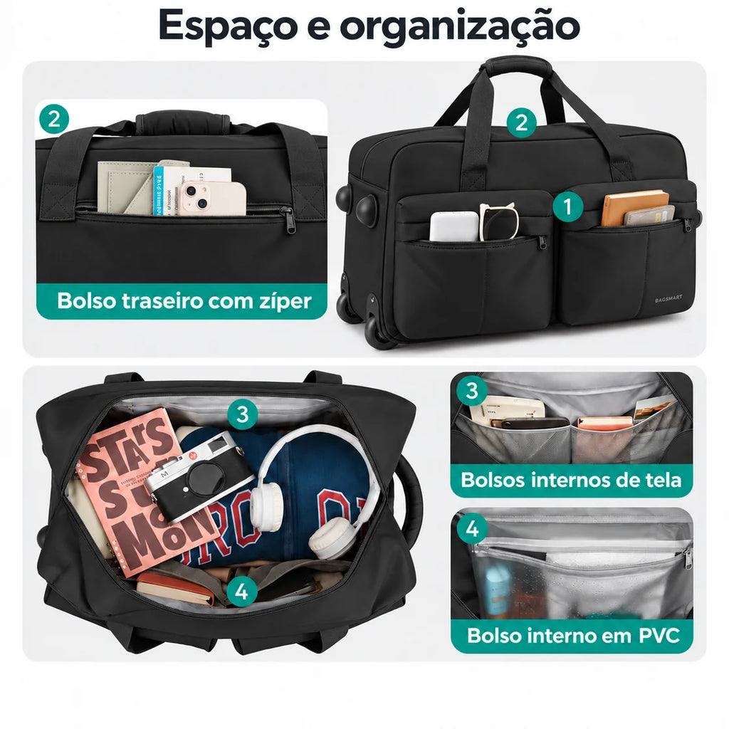 Bolsa Boston com Rodas Bags Mart Cor Preto — interior e bolsos