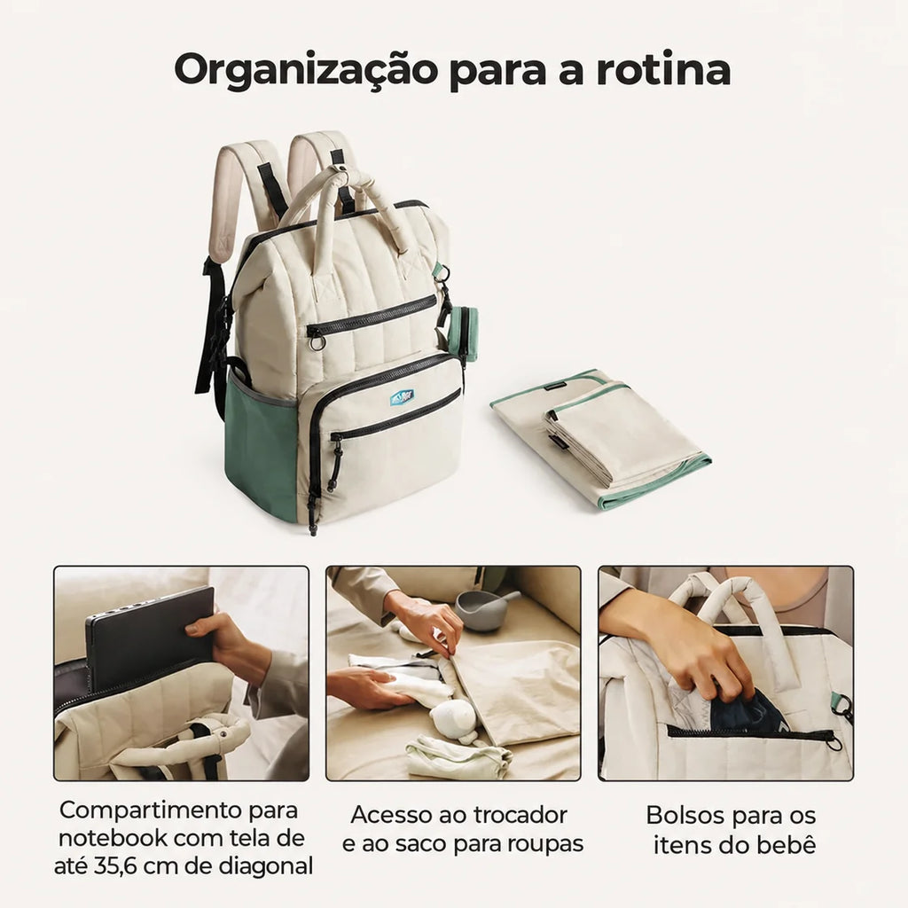 Mochila de Fraldas 25 L com Trocador Bags Mart Cor Verde — material, bolsos e acabamentos
