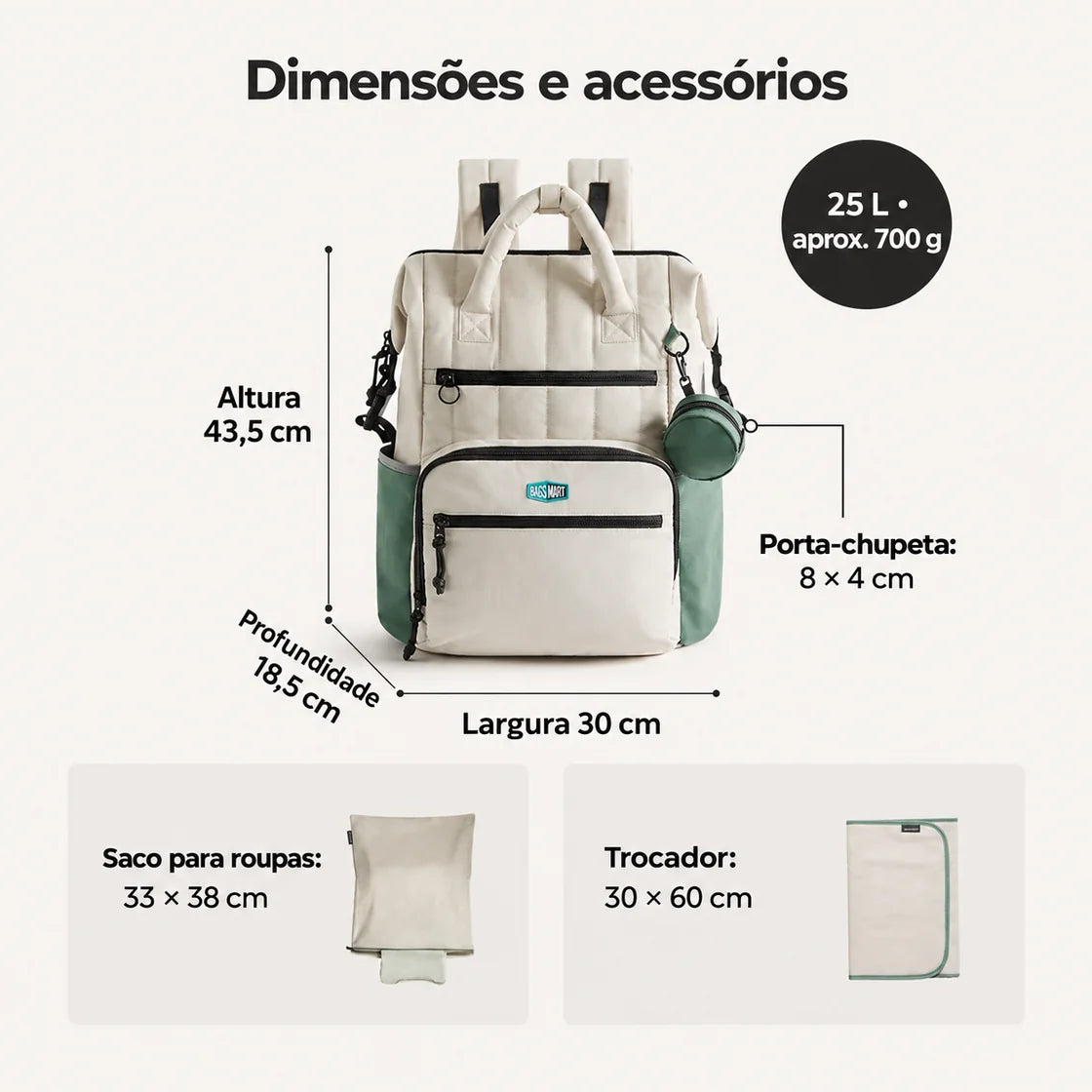 Mochila de Fraldas 25 L com Trocador Bags Mart Cor Verde — dimensões em centímetros