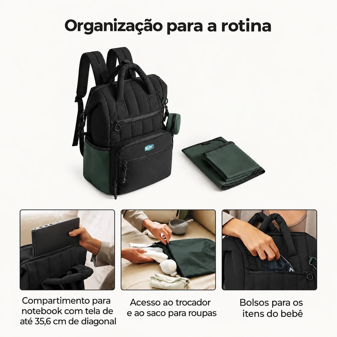 Mochila de Fraldas 25 L com Trocador Bags Mart Cor Preto — material, bolsos e acabamentos