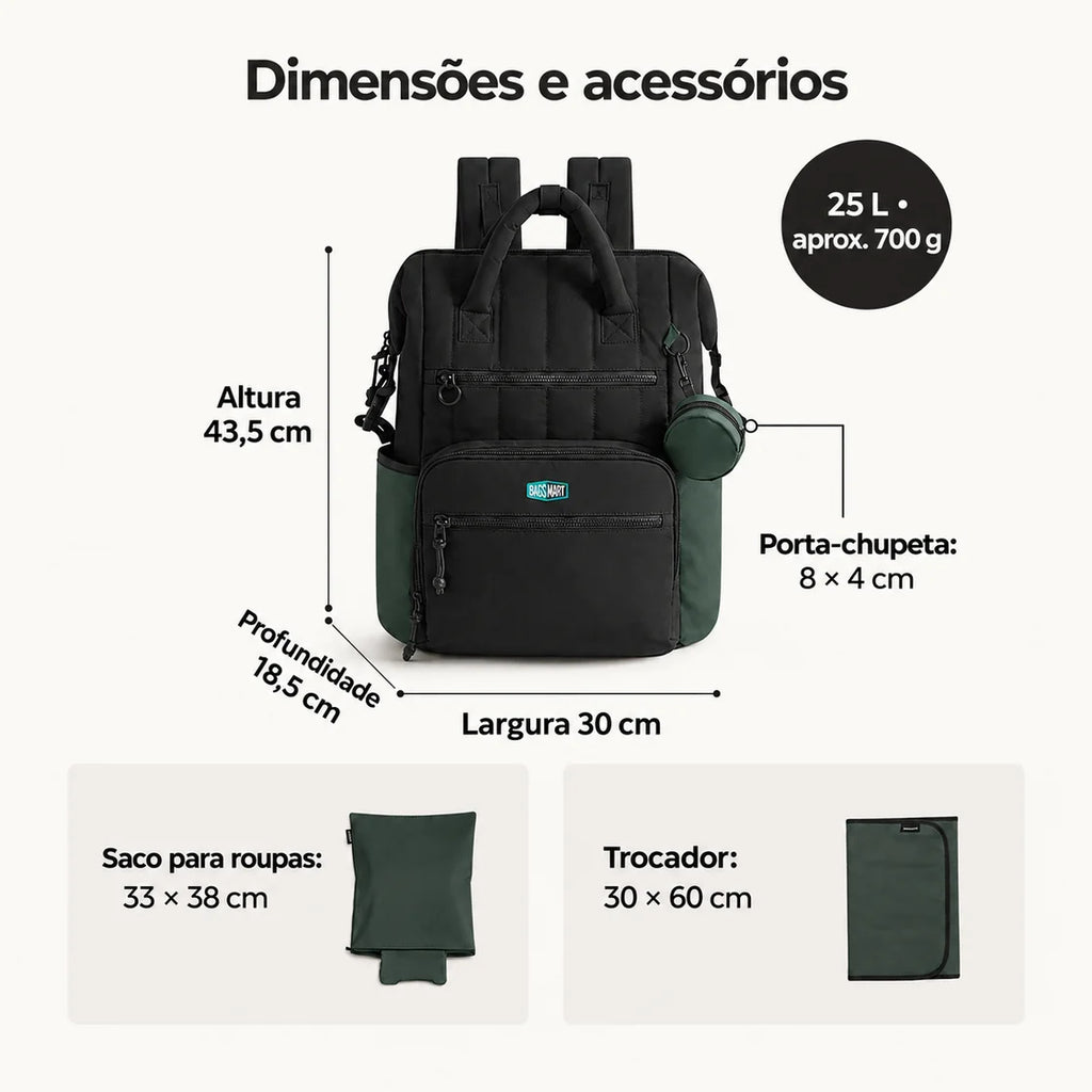 Mochila de Fraldas 25 L com Trocador Bags Mart Cor Preto — dimensões em centímetros