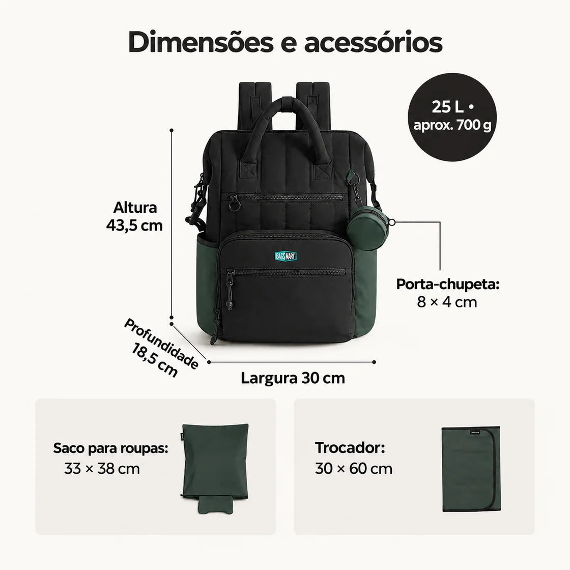 Mochila de Fraldas 25 L com Trocador Bags Mart Cor Preto — dimensões em centímetros