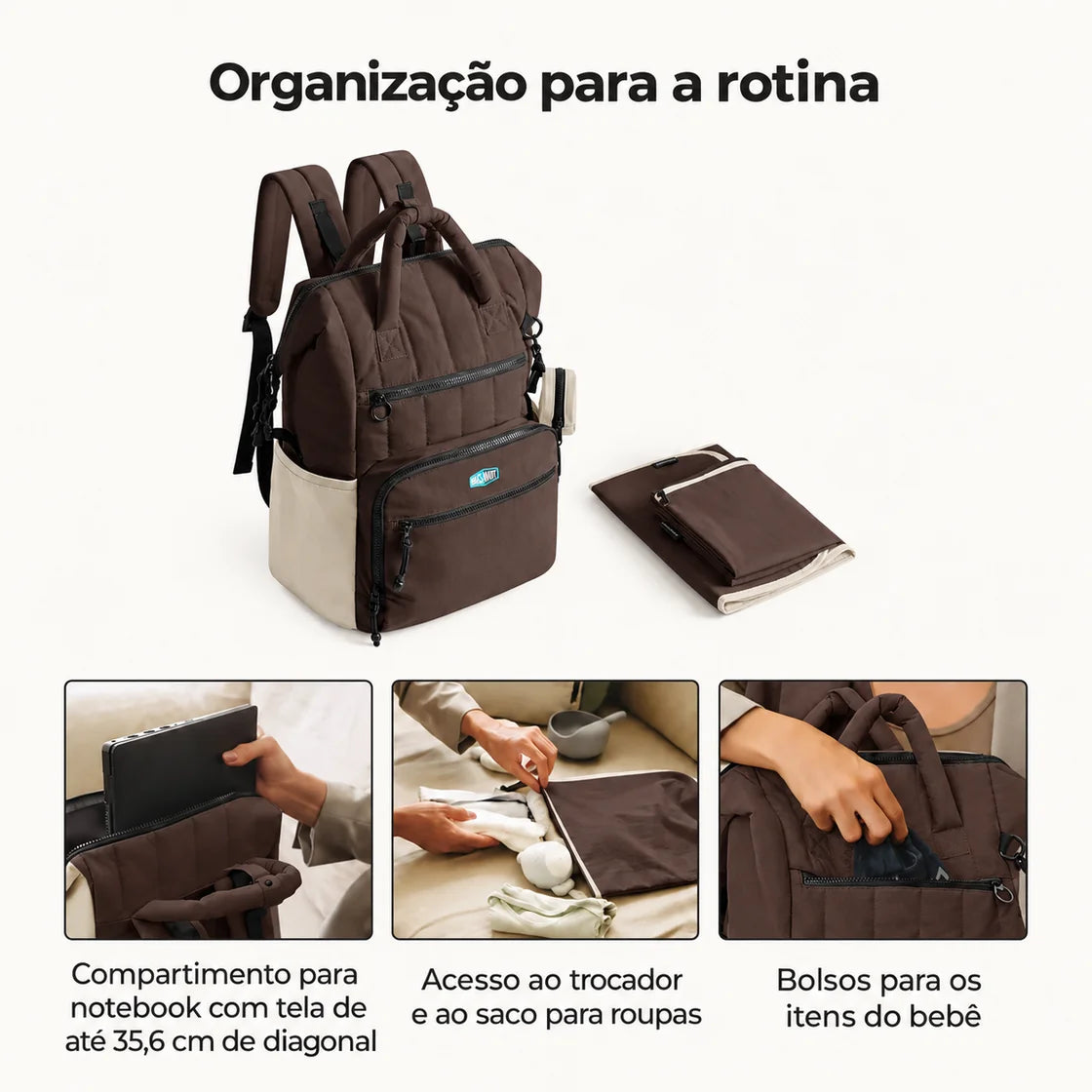 Mochila de Fraldas 25 L com Trocador Bags Mart Cor Marrom — material, bolsos e acabamentos