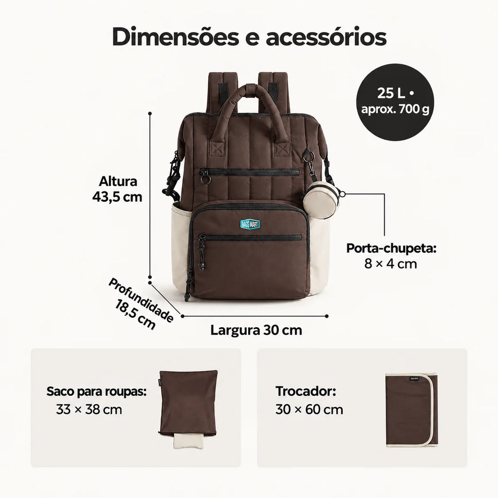 Mochila de Fraldas 25 L com Trocador Bags Mart Cor Marrom — dimensões em centímetros
