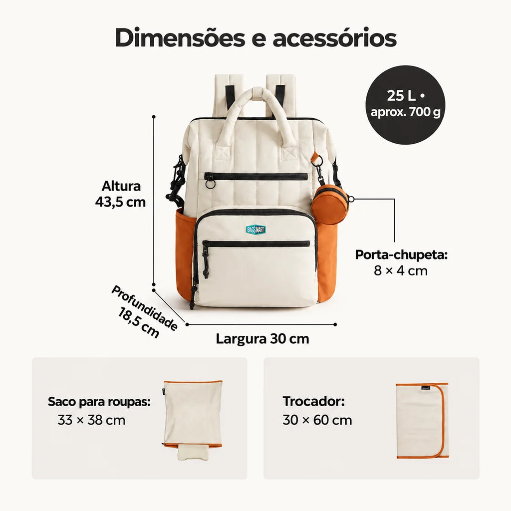 Mochila de Fraldas 25 L com Trocador Bags Mart Cor Laranja — dimensões em centímetros