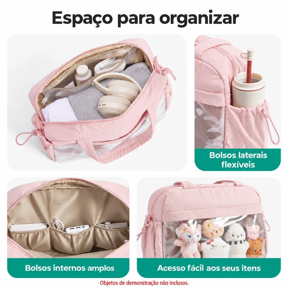 Bolsa Duffel Transversal Feminina Casual Bags Mart Cor Rosa — interior e bolsos