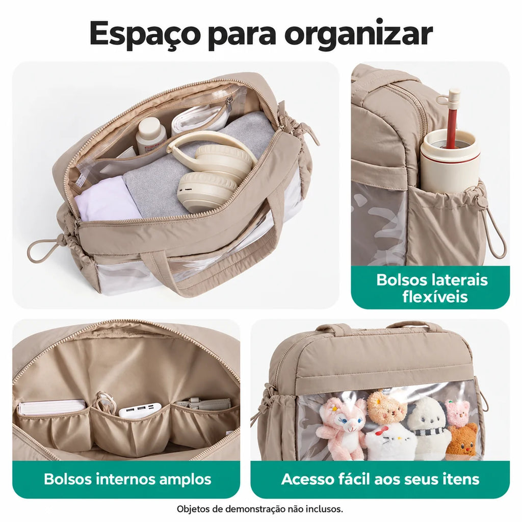 Bolsa Duffel Transversal Feminina Casual Bags Mart Cor Bege — interior e bolsos