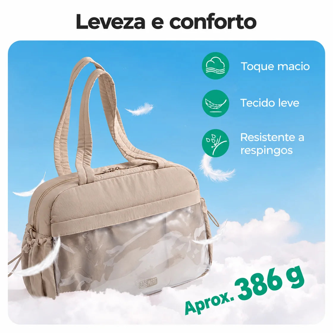 Bolsa Duffel Transversal Feminina Casual Bags Mart Cor Bege — tecido e peso aproximado