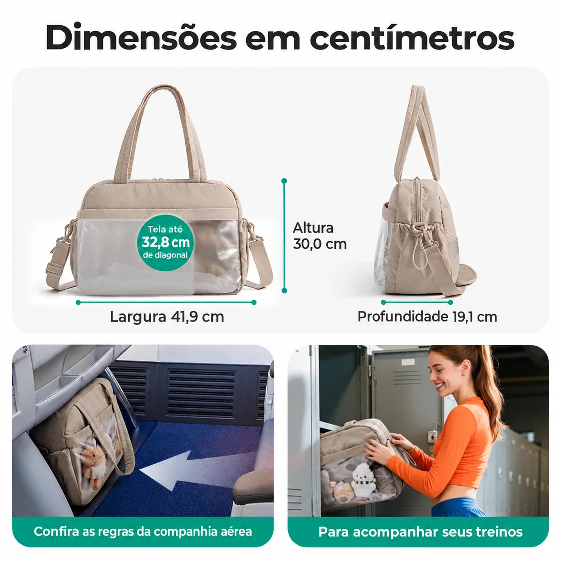 Bolsa Duffel Transversal Feminina Casual Bags Mart Cor Bege — dimensões em centímetros