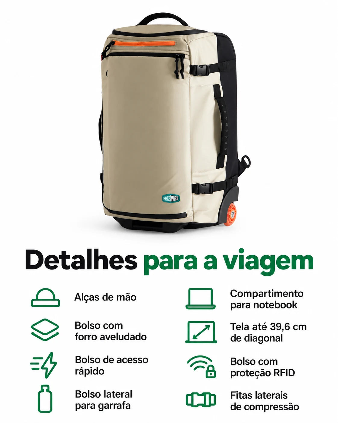 Mochila de Viagem com Rodas 43 L Bags Mart Cor Bege — bolsos externos e compartimento para notebook