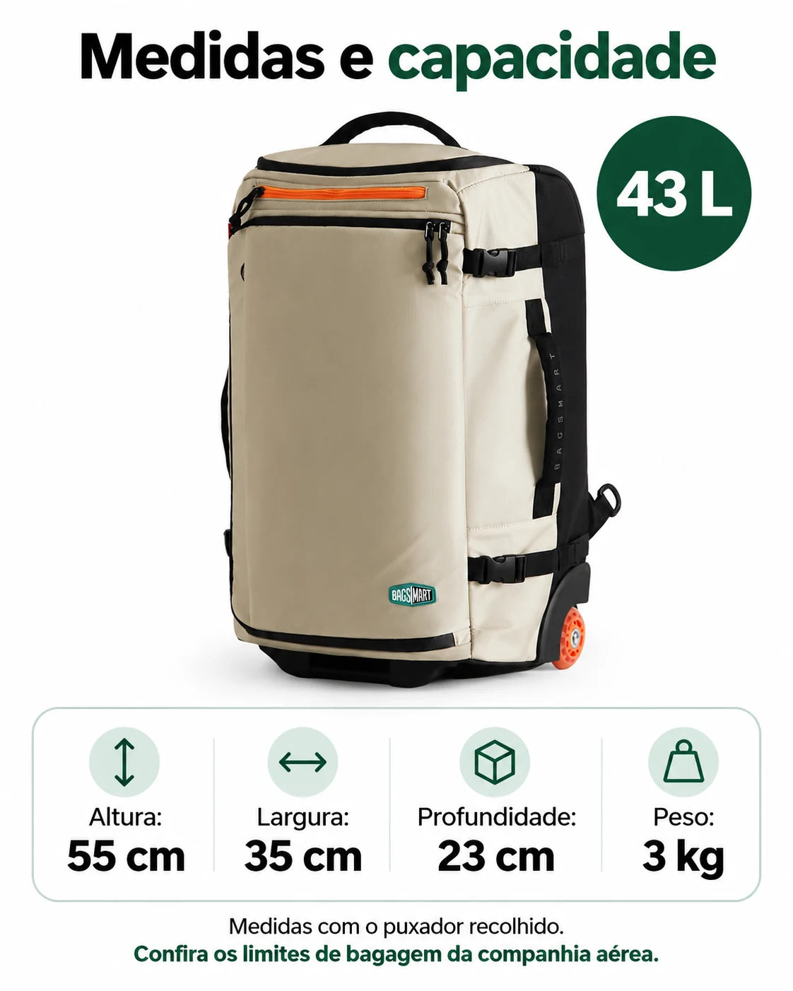 Mochila de Viagem com Rodas 43 L Bags Mart Cor Bege — medidas em centímetros e capacidade