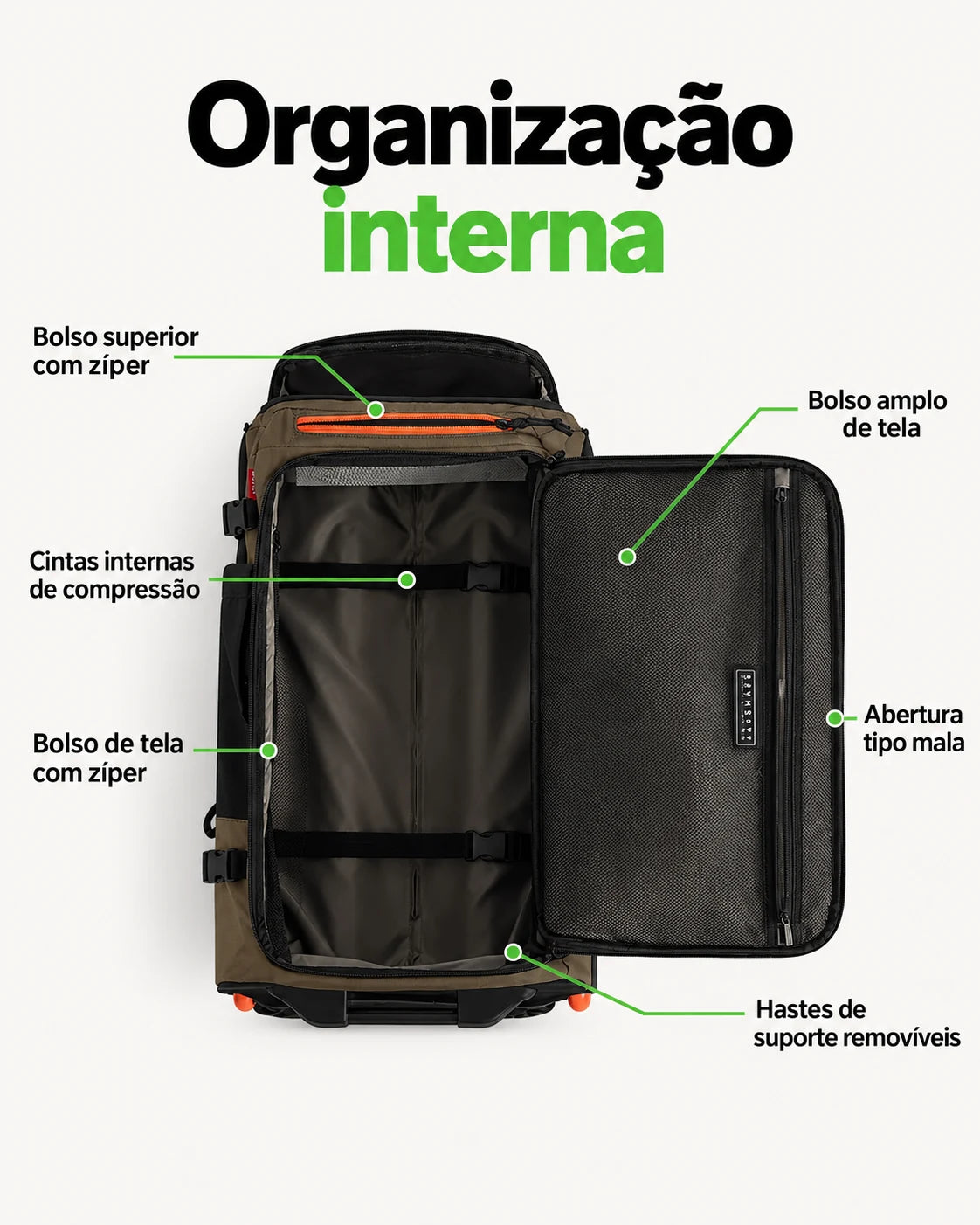 Mochila de Viagem com Rodas 43 L Bags Mart Cor Café — interior, bolsos e cintas de compressão