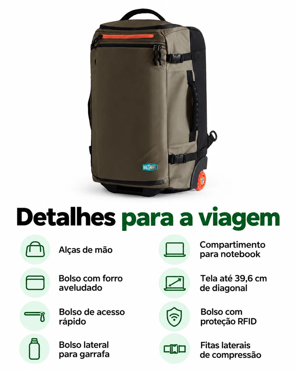 Mochila de Viagem com Rodas 43 L Bags Mart Cor Café — bolsos externos e compartimento para notebook