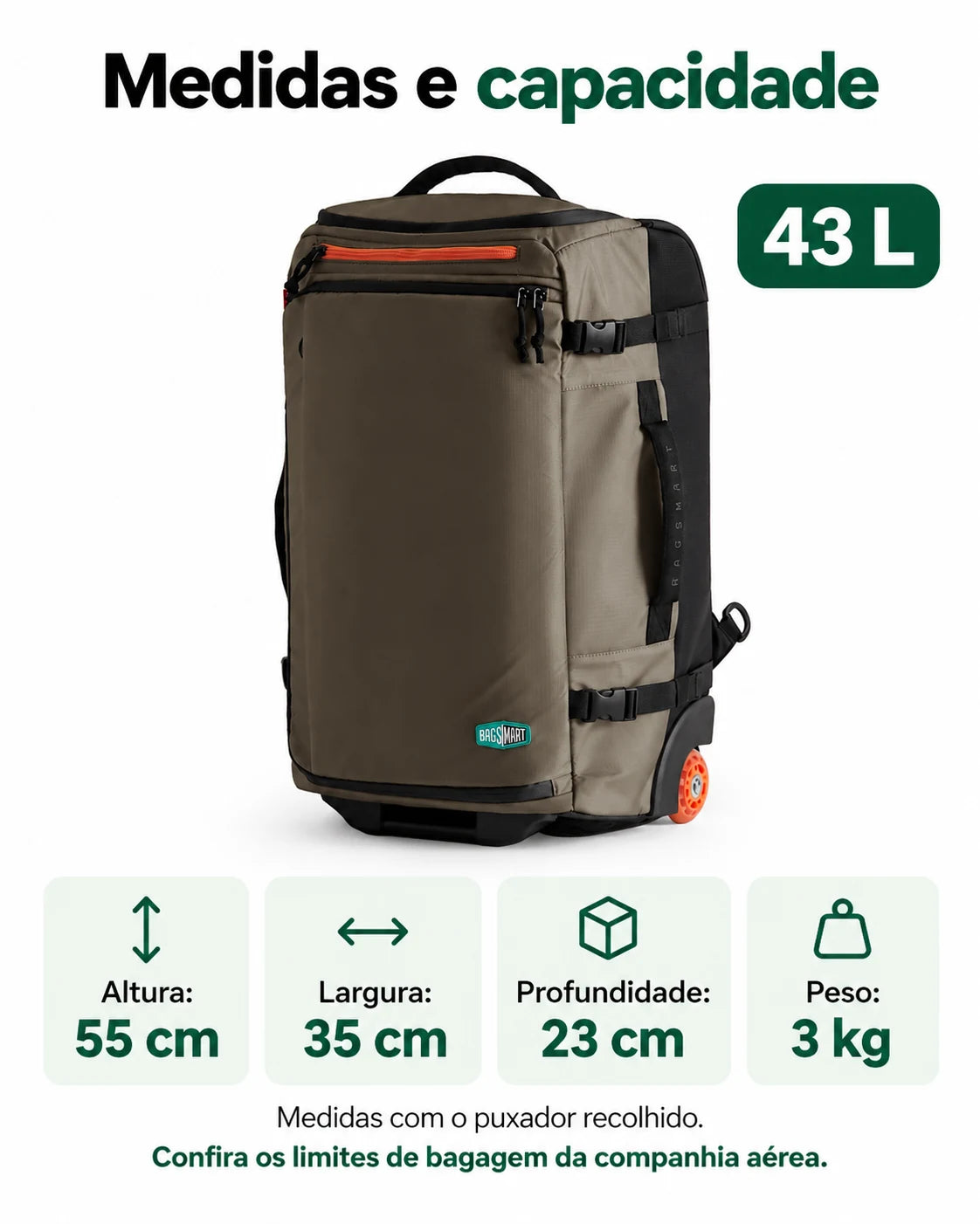 Mochila de Viagem com Rodas 43 L Bags Mart Cor Café — medidas em centímetros e capacidade