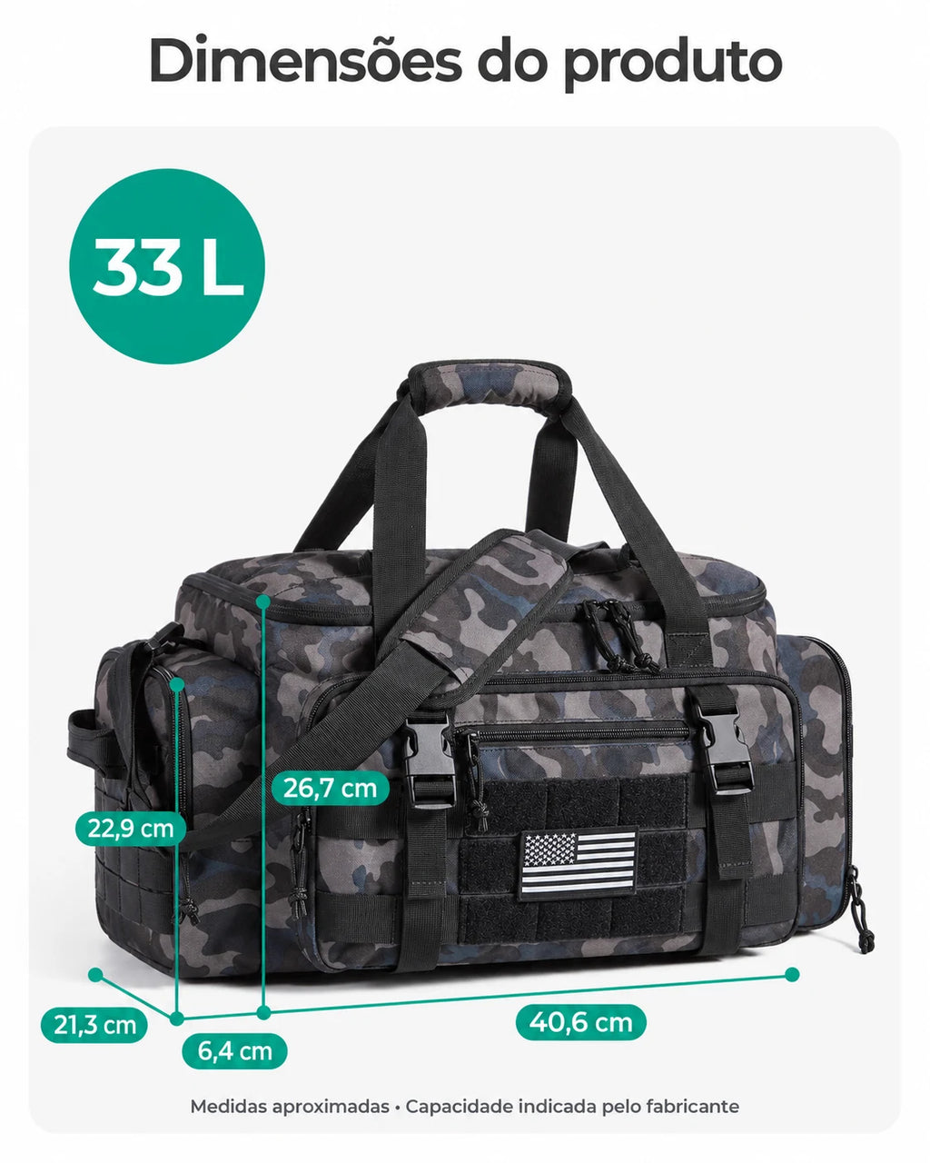 Mochila Tática Masculina 33 L com Compartimento para Sapatos Bags Mart Cor Camuflado Floresta — dimensões em centímetros